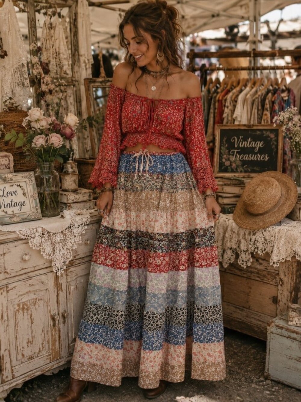 FREE SHIP! Patchwork Prairie Skirt-One Size-One Size-One Size